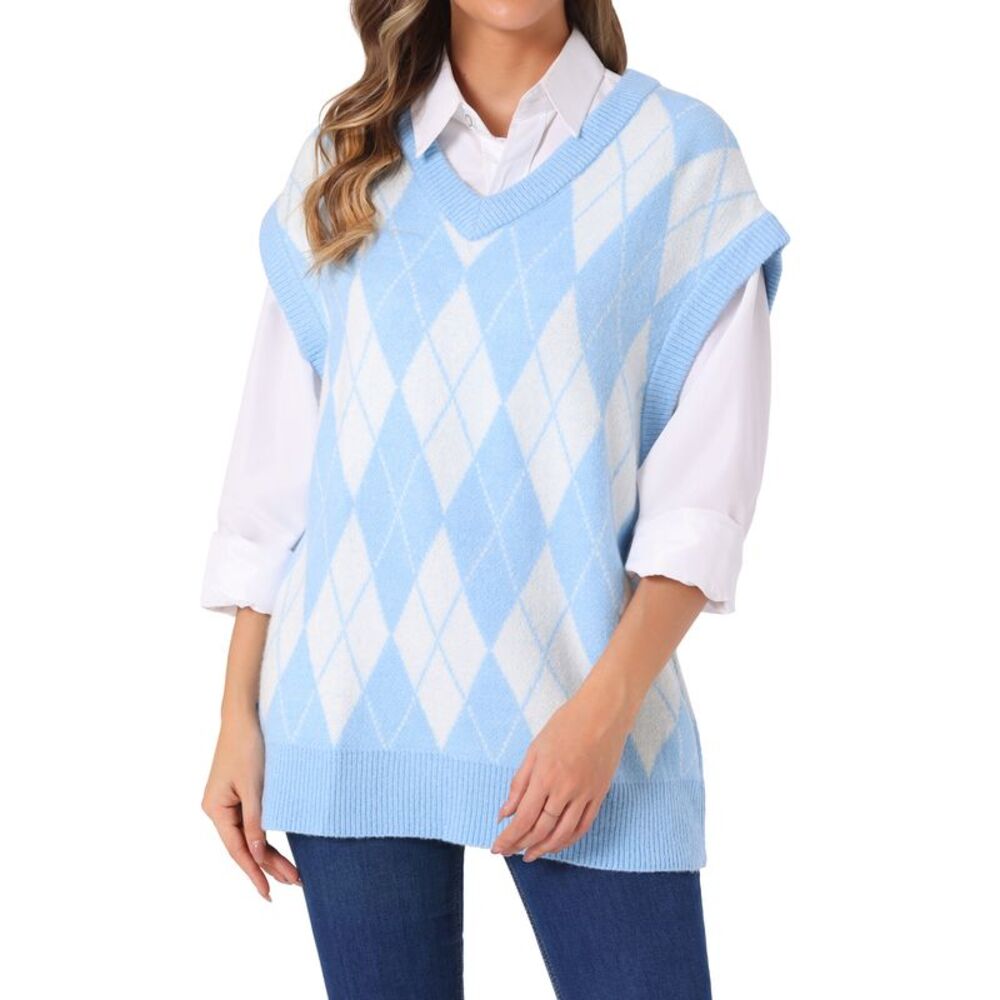 Contrast Color Vest Sleeveless Knit Loose Pullover Sweater Tops Blue